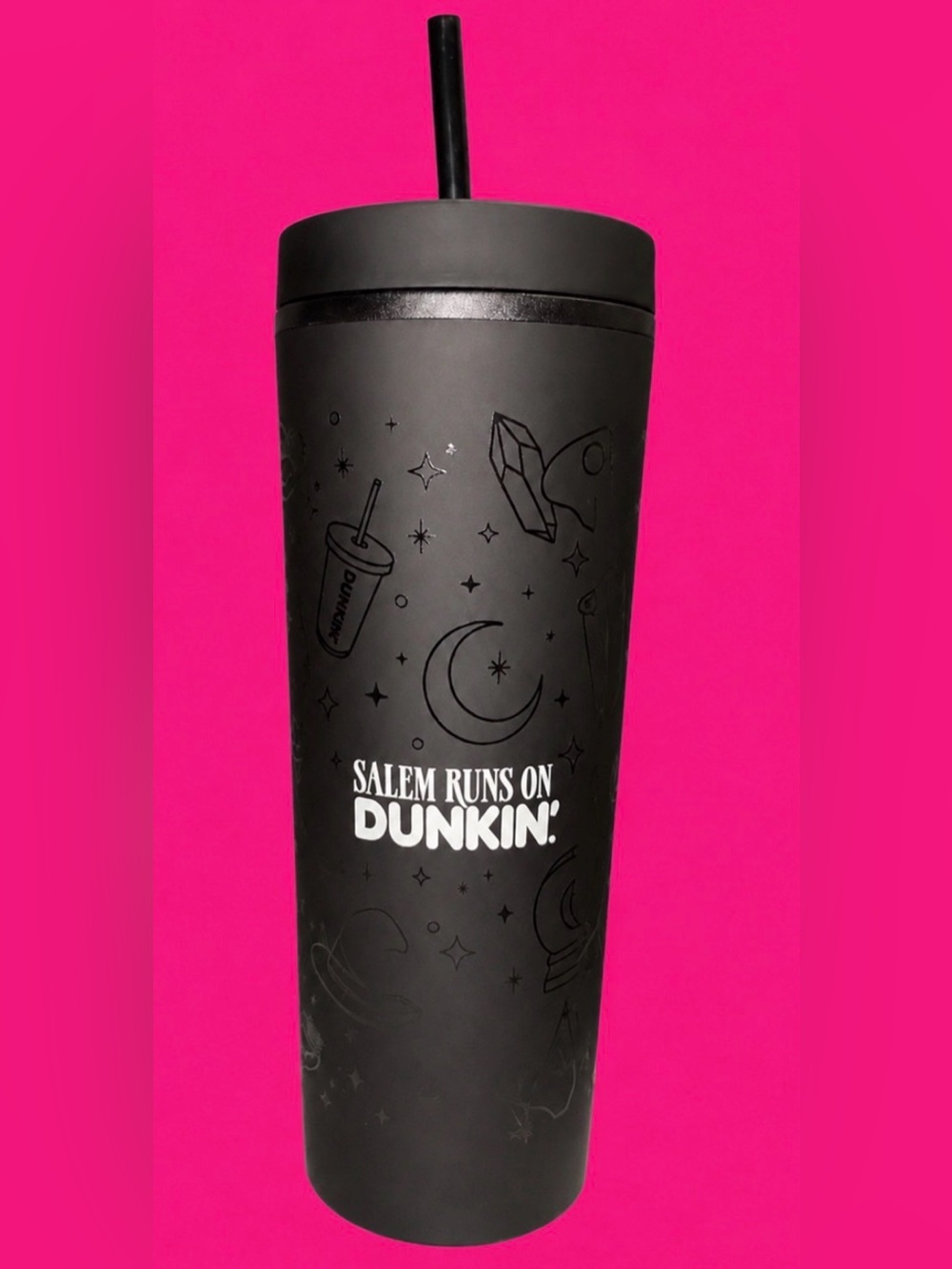 Black insulated Salem Runs on Dunkin’ travel tumbler